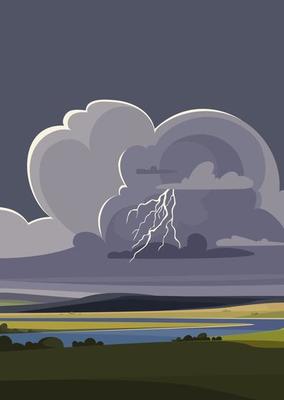 Thunderstorm over the river. Nature landscape in portrait format.
