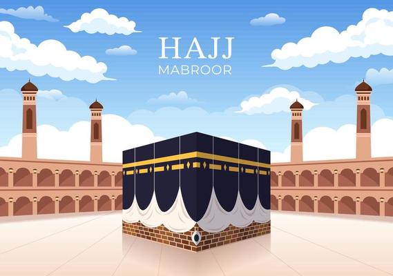 Hajj or Umrah Mabroor Cartoon Illustration with Makkah Kaaba Suitable for Background, Poster or Landing Page Templates