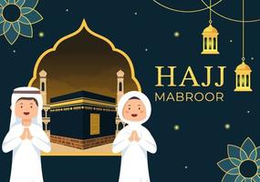 ilustración de dibujos animados hajj o umrah mabroor con carácter de personas y makkah kaaba adecuado para plantillas de póster o página de destino vector