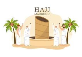 Hajj or Umrah Mabroor Cartoon Illustration with People Character and Throwing Stones at the Jamaraat Tiangs Pillar Suitable for Poster or Landing Page Templates vector