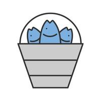 Bucket with fish color icon. Fishing catch. Isolated vector illustration