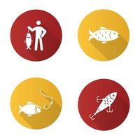 conjunto de iconos de glifo de sombra larga de diseño plano de pesca. pescador, señuelo, pez y anzuelo. ilustración de silueta vectorial vector