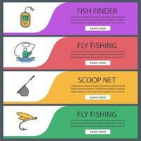 Fishing web banner templates set. Fly fishing, echo sounder, landing net, insect lure. Website color menu items. Vector headers design concepts