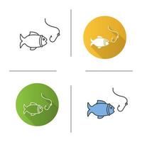 Fish and hook icon. Flat design, linear and color styles. Fishing. Isolated vector illustrations