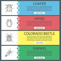 Insects web banner templates set. Chafer, aphid, colorado beetle, earwig. Website menu items. Vector headers design concepts