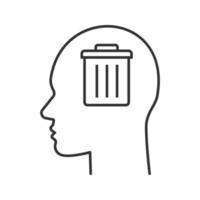 Trash can inside human head linear icon. Delete profile. Thin line illustration. Mess in head. Contour symbol. Vector isolated outline drawing