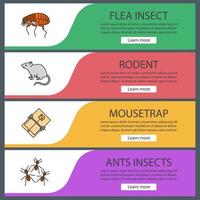 Pest control web banner templates set. Flea, rodent, mousetrap, ants. Website color menu items with linear icons. Vector headers design concepts