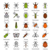 Insects color icons set. Bugs. Entomologist collection. Butterfly, earwig, stag bug, phasmid, moth, ant, mantis, spider. Isolated vector illustrations