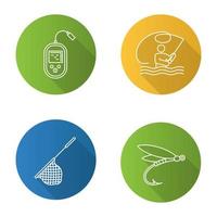 Fishing flat linear long shadow icons set. Fly fishing, echo sounder, landing net, insect lure. Vector outline illustration