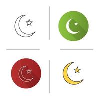 Star and crescent moon icon. Flat design, linear and color styles. Ottoman flag. Ramadan moon. Isolated vector illustrations