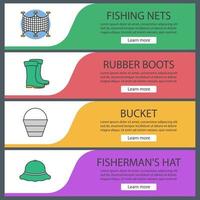 Fishing web banner templates set. Fishnets, bucket, rubber boots, fisherman hat. Website color menu items. Vector headers design concepts