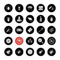 Pest control glyph icons set. Extermination. Harmful animals and insects. Vector white silhouettes illustrations in black circles