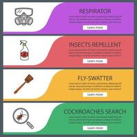 Pest control web banner templates set. Respirator, insects repellent, fly-swatter, cockroaches search. Website color menu items with linear icons. Vector headers design concepts