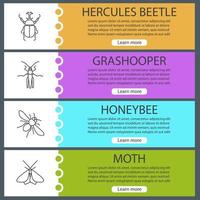 Insects web banner templates set. Hercules beetle, grasshopper, honeybee, moth. Website menu items. Vector headers design concepts