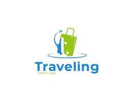 Traveling logo with bag and arrow concept vector