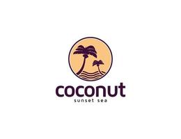 árbol de coco al atardecer e ilustración del logotipo de la playa de la isla para el concepto de vacaciones vector