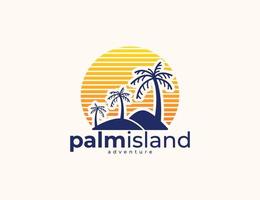 moderna isla de palmeras y montaña con diseño de logotipo de puesta de sol vector