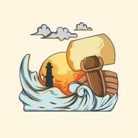 ilustración de un barco en el mar con olas y sol vector