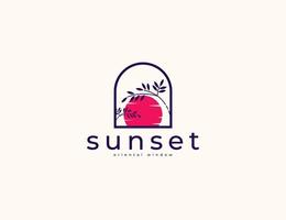 hojas minimalistas y sol con logotipo de ilustración de puesta de sol vector