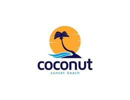 Sunset coconut tree and island beach logo illustration for holiday or vacation concept vector