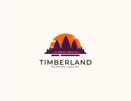 Sunset timberland forest pine tree with sun logo vector