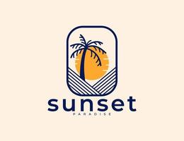 logotipo minimalista de puesta de sol y palmeras vector