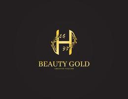 Luxury gold letter H logo with floral and leaves illustration vector