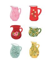 Milk jugs. Decorative kitchen tools, colored tableware, ceramic drinkware or glassware. Household utensils, crockery isolated on white background. Flat cartoon vector illustration