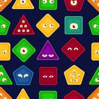 Bright geometric shapes seamless pattern with face emotions. Square, triangle, rhombus, hexagon forms with eyes. Hand drawn vector texture for kids. Cute funny characters for textile, print, wrapping