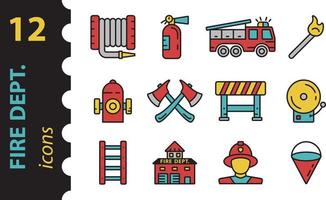 Firefighter vector icons in color. Illustration Fire Department in modern flat style. Set of fire station symbols isolated on white background.