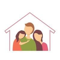 Happy family concept. Happy family hugging each other. Portrait of a family of three sheltered in their home. Vector illustration in cartoon style