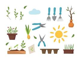 conjunto de jardín: flores, semillas, árboles, inventario. ideal para scrapbooking, afiche, etiqueta, pegatina. ilustración de dibujos animados vectoriales. vector