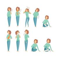 concepto de salud. niña con diferentes enfermedades y fracturas. ilustración vectorial de dibujos animados vector