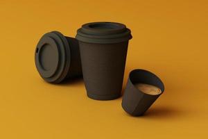 Set of black coffee cups on pastel background. 3d rendering photo