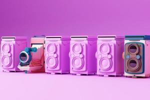 Colorful vintage camera surrounding by memphis pattern on a pastel background. 3d render. photo