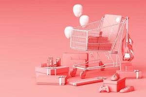 Supermarket shopping cart surrounding by giftbox with credit card on pastel background. 3d rendering photo
