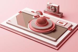 Design with composition the camera of geometric memphis style shapes in pastel tone. 3d rendering illustration photo