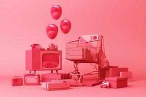 Supermarket shopping cart surrounding by giftbox with credit card and many gadget on pastel background. 3d rendering photo