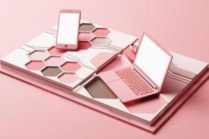 Laptop,smartphone and headphone with technology concept abstract composition of geometric shapes platforms in pastel color. 3d rendering photo