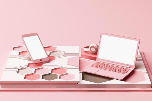 Laptop,smartphone and headphone with technology concept abstract composition of geometric shapes platforms in pastel color. 3d rendering photo