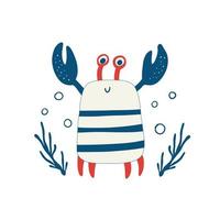 Cute red crab with funny eyes and claws. Childish colored vector illustration of funny smiling lobster. Design for greeting card and invitation, flyers, posters, banner.