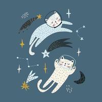 Cute cats astronauts traveling in outer space. Animal cosmonaut adventure in cosmos. Flat vector illustration of funny feline in universe.