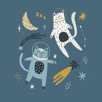 Cute cats astronauts traveling in outer space. Animal cosmonaut adventure in cosmos. Flat vector illustration of funny feline in universe.