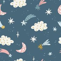Seamless childish pattern with starry sky, moon. Creative kids texture for fabric, wrapping, textile, wallpaper, apparel. Vector illustration. Cute kids print.