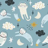 Seamless childish pattern with cat astronauts in space. Trendy colorful Scandinavian style. Creative scandinavian baby texture for fabric, wrapping, textile, wallpaper, clothes. Vector illustration