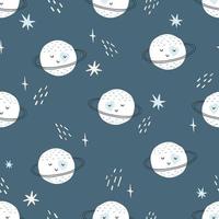 Seamless childish pattern with funny planet characters. Trendy space texture for fabric, apparel, textile, wallpaper. Cute kids print. Vector illustration.