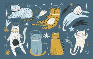 lindos gatos astronautas que viajan en el espacio ultraterrestre. aventura cosmonauta animal en el cosmos. ilustración de vector plano de felino divertido en el universo.