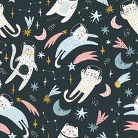 patrón infantil impecable con gatos astronautas en el espacio. estilo escandinavo colorido de moda. textura creativa de bebé escandinavo para tela, envoltura, textil, papel pintado, ropa. ilustración vectorial vector