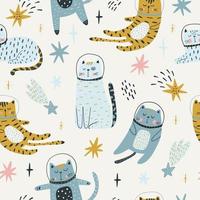 Seamless childish pattern with cat astronauts in space. Trendy colorful Scandinavian style. Creative scandinavian baby texture for fabric, wrapping, textile, wallpaper, clothes. Vector illustration