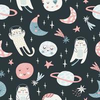 Seamless childish pattern with cat astronauts in space. Trendy colorful Scandinavian style. Creative scandinavian baby texture for fabric, wrapping, textile, wallpaper, clothes. Vector illustration